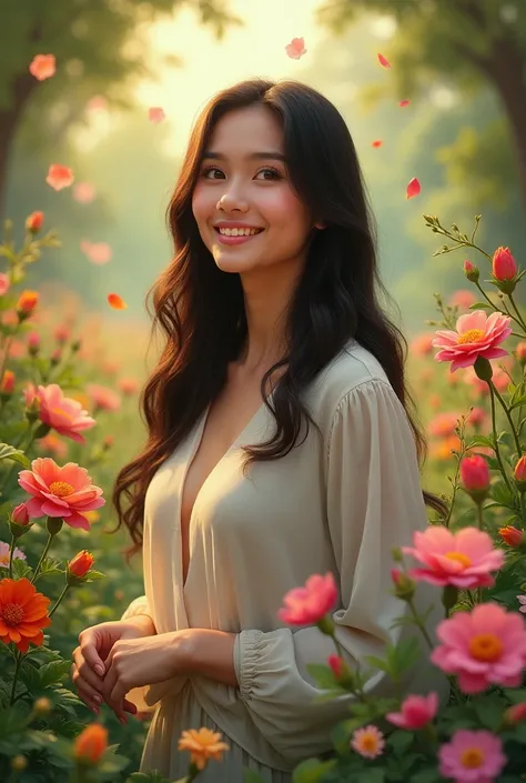 A cute cute looking Indonesian woman with long hair standing in flower garden 