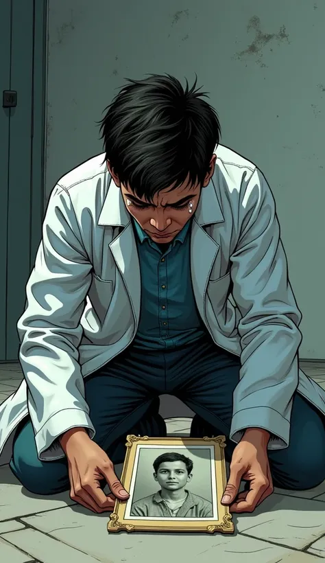 "The young doctor, kneeling on the floor, crying intensely as he holds an old hood photograph with his mother, finally understanding the sacrifice she made for him."  (Image as comic nudes)