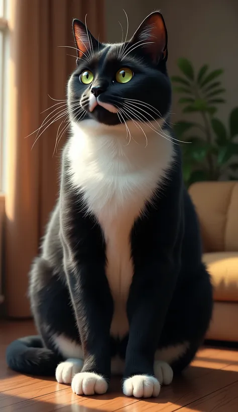 A majestic and powerful adult tuxedo cat, standing tall with a strong, muscular build. Its glossy black and white fur is meticulously detailed, showcasing the sharp contrast between the deep black coat and the pristine white markings. The cats bright green...