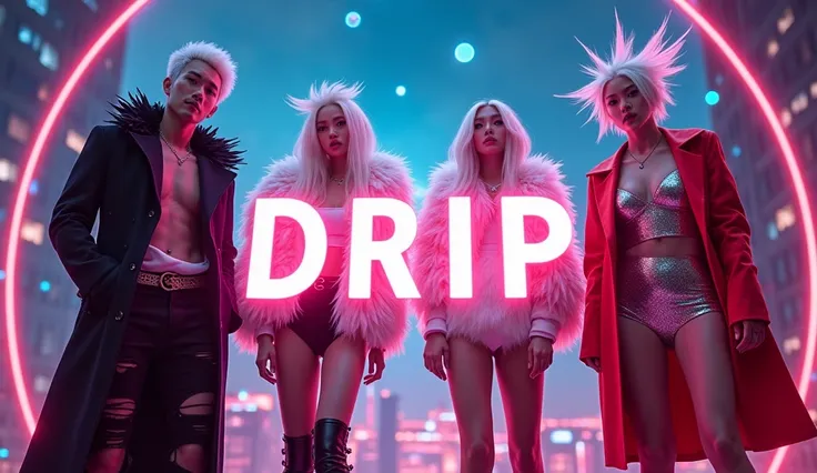 A dynamic and powerful setting for the song "," featuring four K-pop-inspired singers (two males and two females) with modern, stylish looks. The backdrop is a neon-lit urban cityscape at night, creating a dramatic and captivating atmosphere. The character...