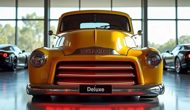 "A realistic, high-quality image of a modern Pick Up seen from the Front bumper, resembling a  1949 GMC 100 Deluxe. The Pickup is wheat with glossy paint and a sleek, aerodynamic design. It has four large, round exhaust pipes and a wide, continuous red LED...