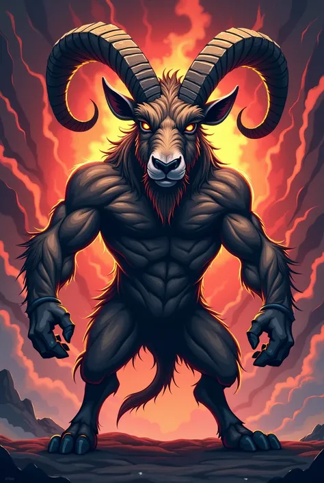 

“A semi-realistic cartoon-style artwork featuring a powerful and dynamic goat with curved horns standing in a bold and striking pose. The goat has rugged, textured fur with sharp detailing and intense, piercing eyes that exude confidence and strength. It...