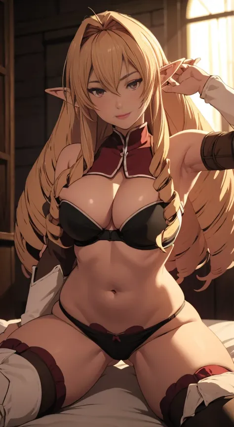 Elinalise Dragonroad Big Haired Blonde Elf Red Eyes Medium  Healed Abdomen Thick Thighs Black Dental Thread Panties Black Bra Inside The Bedroom Doing Sexy Pose ela de frente fazendo pose sexy coxas grossas grandes sarada coxas grossa e grande 3D Gabi do h...