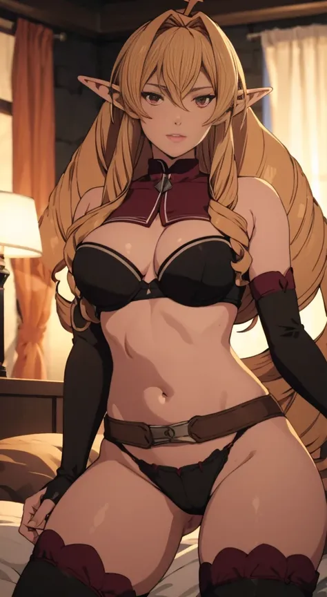 Elinalise Dragonroad Big Haired Blonde Elf Red Eyes Medium  Healed Abdomen Thick Thighs Black Dental Thread Panties Black Bra Inside The Bedroom Doing Sexy Pose ela de frente fazendo pose sexy coxas grossas grandes sarada coxas grossa e grande 3D Gabi do h...