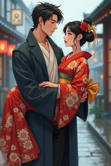  Anime drawing two people one man one woman ,  man holding woman in princess style,  man in modern raincoat , woman in kimono 
