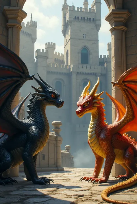 The Black Dragon , the Red-Black Dragon , and the Golden Dragon  are walking around the castle looking for their parents.