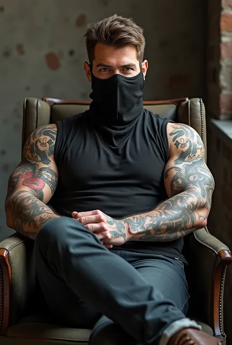 Create me a young Russian broad-built handsome man with brown light hair brown eyes upper body tattooed  sitting in a chair with a fullface black mask