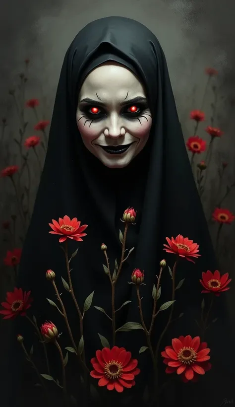 A haunting and terrifying painting depicts a Malay woman wearing a black hijab, with a sinister smile and a gaze that radiates an eerie and unsettling aura. Her pale face glows faintly in the darkness, with hollow eyes shrouded in shadows, as if following ...