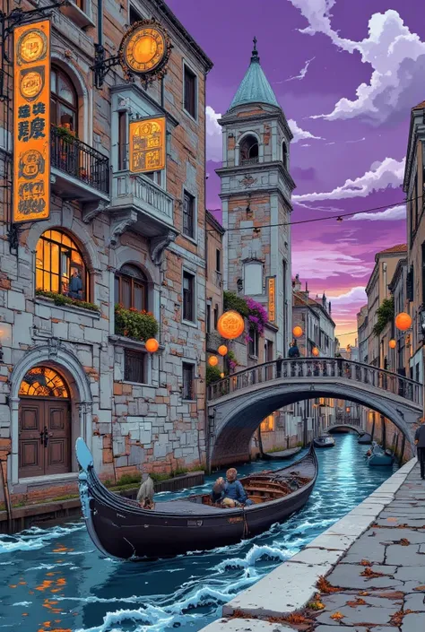  gondola drawing in Venice、Small boat、Hallucinatory Art  、  dmt Death of Ego  、  Psychedelic Horror  、 purple sky、 Highly Detailed Fantastic Art  、  DMT Egodes  、 Shamanic Fear  、LSD art、clock、collage、The Marauders in the Small Boat、channel 、bridge、Lizard