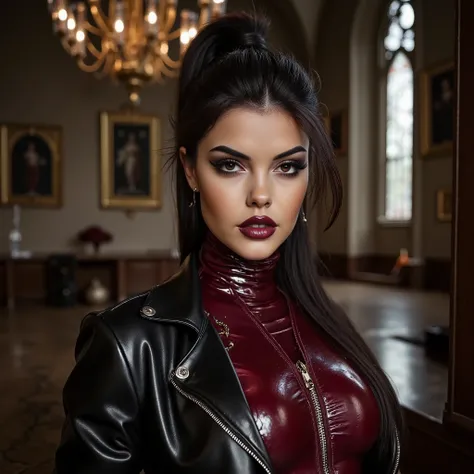 close up portrait image of a gorgeous woman with dark makeup, shes wearing a skintight mulberry shiny latex turtleneck jumpsuit with front zipper and long sleeves and a black leather crop jacket, tight high ponytail, hands on her hips, looking direct into ...