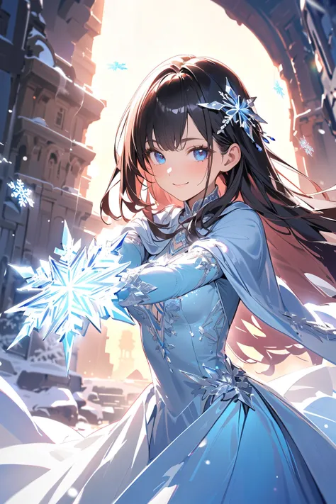 1 girl, (cute face), (long straight hair with highlights:1.2), (ice blue eyes), small breasts, slim, (wearing a shimmering ice-themed dress), (frosted cape), BREAK  
Frozen landscape, icy mountains, (glittering snowflakes:1.2), (creating ice magic:1.2), br...