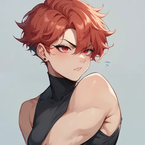 an athletic tomboy with red hair and red eyes. she is wearing a black dress and a has a masquerade mask on. she is in a ballroom. she looks a little annoyed.