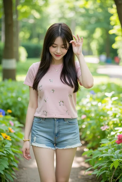  19-year-old petit girl with small breasts and very wide hips,  wearing normal clothes in the park , fun attitude , happy, innocent, looking down. 