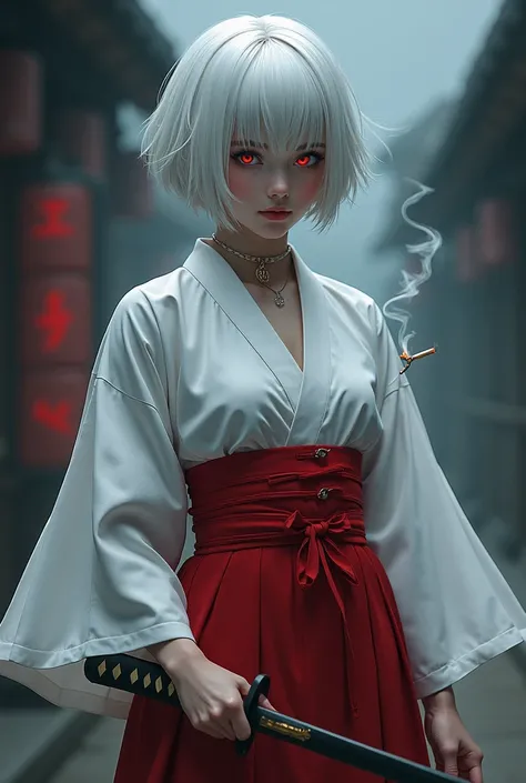 Onegirl, whitekimono, redobi, blackkatana,redeyes, shorthair, whitehair, cigarette