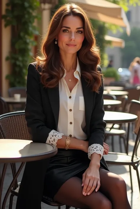 Kate middleton, wearing, black footwear,  gucci loafers, black tights, burberry skirt, white shirt, black trench coat, sexy, sitting at cafe, paris, summer