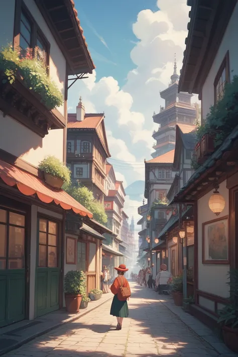 Studio Ghibli, Scenario with a steam train passing in the middle of the city. in red color