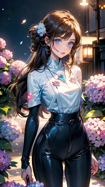 4K, June scenery,  beautiful woman ,  long hair,   brown hair,  medium chest ,  blue eyes,  white shirt , Hot Pants, Neon red heart necklace ,  looking at the audience , night, Colourful hydrangeas