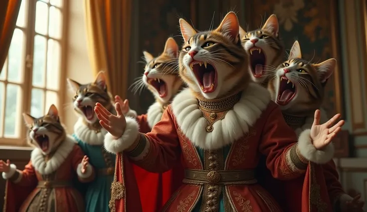 (Masterpiece, high quality, high resolution, detailed, 8k), in a luxurious room in a medieval European castle, dressed in ornate medieval clothing. One of the cats heads is screaming on the ice in anger with both hands pointing to the sky, close-up, natura...