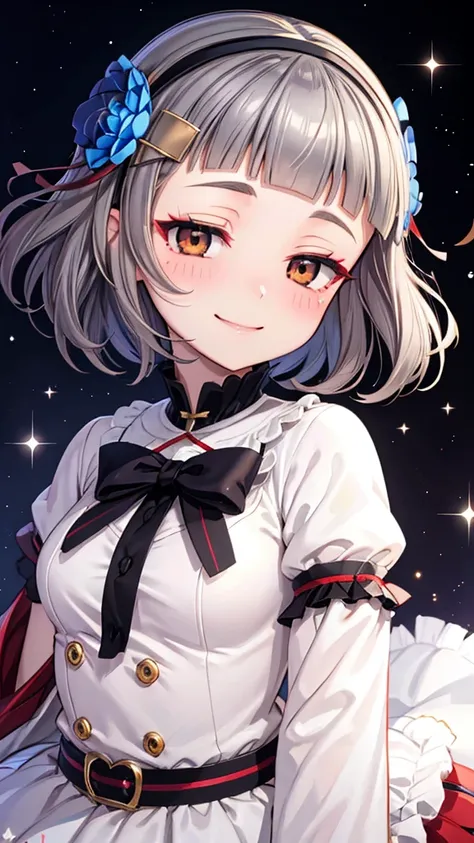 (((solo))), 1 woman, Sakuya Kurobane, sakuyaunif, kurobane_sakuya, (brown eyes), short hair, grey hair, black hairband, blue hair flower, red eyeliner, blush, smile, beautiful chest, medium chest, (upper body), santa claus