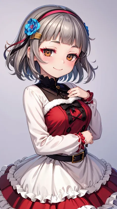 (((solo))), 1 woman, Sakuya Kurobane, sakuyaunif, kurobane_sakuya, (brown eyes), short hair, grey hair, black hairband, blue hair flower, red eyeliner, blush, smile, beautiful chest, medium chest, (upper body), santa claus