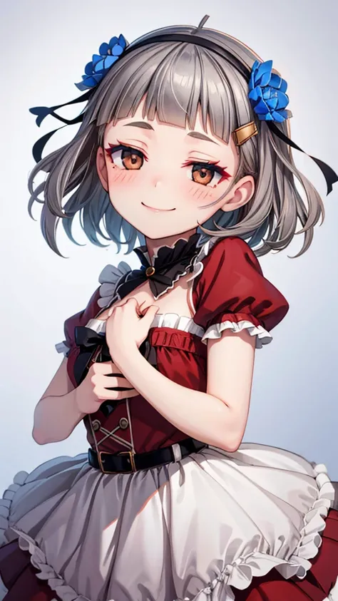 (((solo))), 1 woman, Sakuya Kurobane, sakuyaunif, kurobane_sakuya, (brown eyes), short hair, grey hair, black hairband, blue hair flower, red eyeliner, blush, smile, beautiful chest, medium chest, (upper body), santa claus