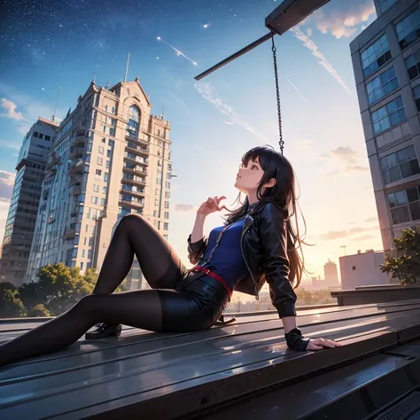 Realistic picture of a woman sitting on the relling of a tall buildings roof. Hanging her leg outside of the roof. She is looking at the star in the sky.