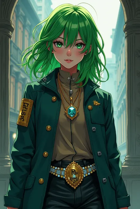 Manga with green hair on his coat is the name Roslin written with a golden necklace and a diamond belt