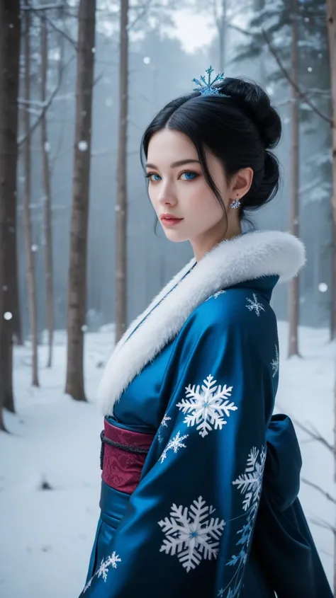 Realistic image, 3D image, "A Yuki-onna, a beautiful snow spirit from Japanese folklore, stands in a snowy forest under the moonlight. She has long, flowing black hair, pale skin and piercing, clear blue eyes. Her traditional kimono is pure white and decor...