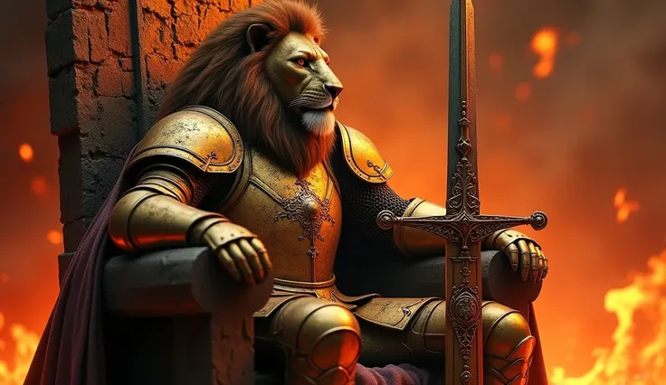 Lion :  The King of Ashes
A knight with a helmet in the shape of a lions mane,  with golden armor tarnished by the flames .  He sits on a burnt throne ,  embers still glowing at his base . A great sword , ornée d’une gravure de lion,  is placed at his side...