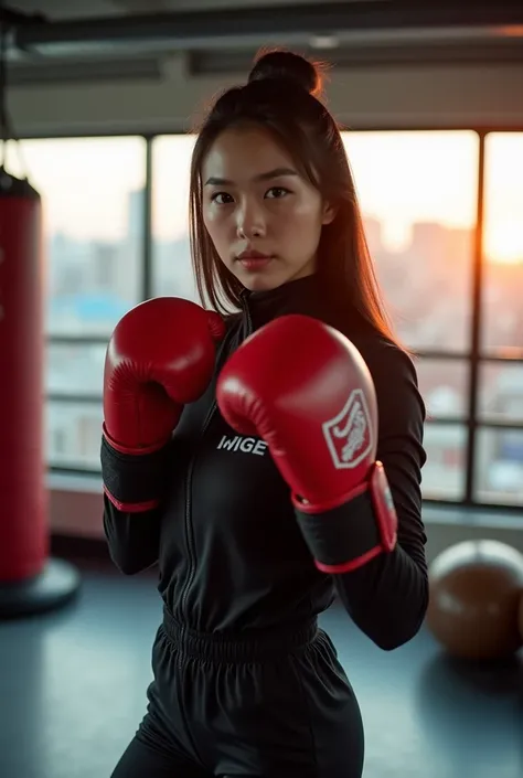 Long-range shot,  Taiwanese female boxer , Adorable big height ,  black-haired white ,  wearing a red boxing glove and black tracksuit with the inscription  "IMAGE " On.  She was in a bright, modern gym ,  surrounded by boxing equipment such as punching ba...