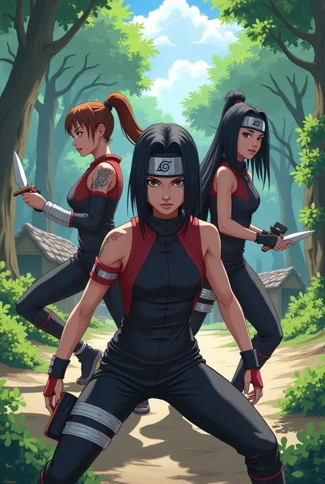 3 Kunoichi in the style of Anime Naruto 