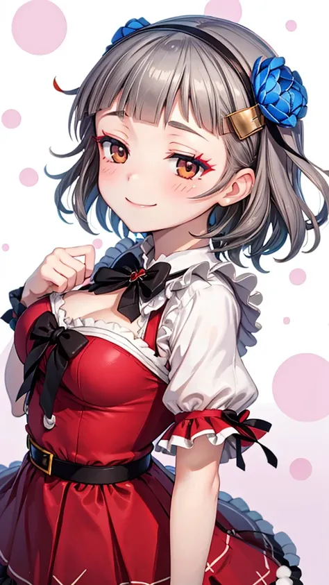 (((solo))), 1 woman, Sakuya Kurobane, sakuyaunif, kurobane_sakuya, (brown eyes), short hair, grey hair, black hairband, blue hair flower, red eyeliner, blush, smile, beautiful chest, medium chest, (upper body), santa claus