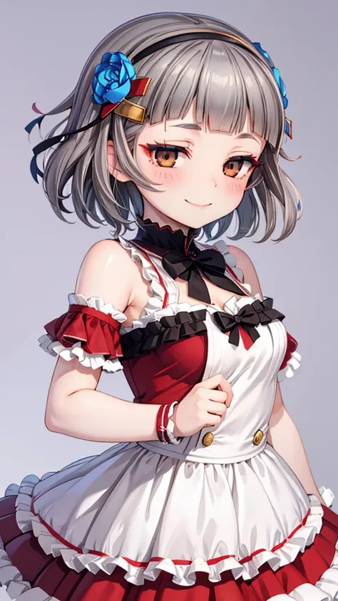 (((solo))), 1 woman, Sakuya Kurobane, sakuyaunif, kurobane_sakuya, (brown eyes), short hair, grey hair, black hairband, blue hair flower, red eyeliner, blush, smile, beautiful chest, medium chest, (upper body), santa claus