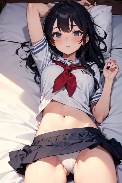 A high school girl is lying in my bed wearing only underwear