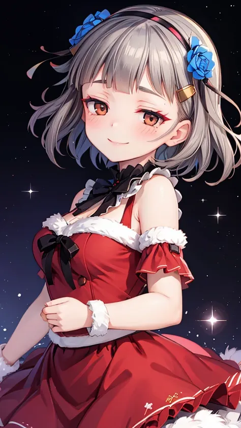 (((solo))), 1 woman, Sakuya Kurobane, sakuyaunif, kurobane_sakuya, (brown eyes), short hair, grey hair, black hairband, blue hair flower, red eyeliner, blush, smile, beautiful chest, medium chest, (upper body), santa claus