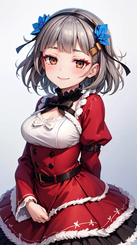 (((solo))), 1 woman, Sakuya Kurobane, sakuyaunif, kurobane_sakuya, (brown eyes), short hair, grey hair, black hairband, blue hair flower, red eyeliner, blush, smile, beautiful chest, medium chest, (upper body), santa claus