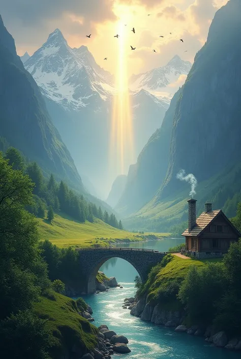  Realistic image of a ray of light coming out of the middle of the clouds, birds flying, high mountains in the background ,  a valley full of vegetation  ,  a river that descends from the mountains and crosses the middle of the valley ,  a stone bridge tha...