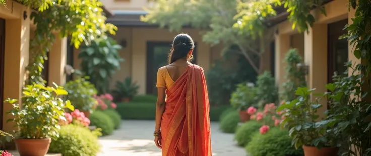 A serene and composed Indian woman in her early fortiess  elegantly stands at her courtyard, surrounded by blooming flowers and green plants. She is dressed in a professional cotton saree with a simple, yet sophisticated blouse that complements the natural...