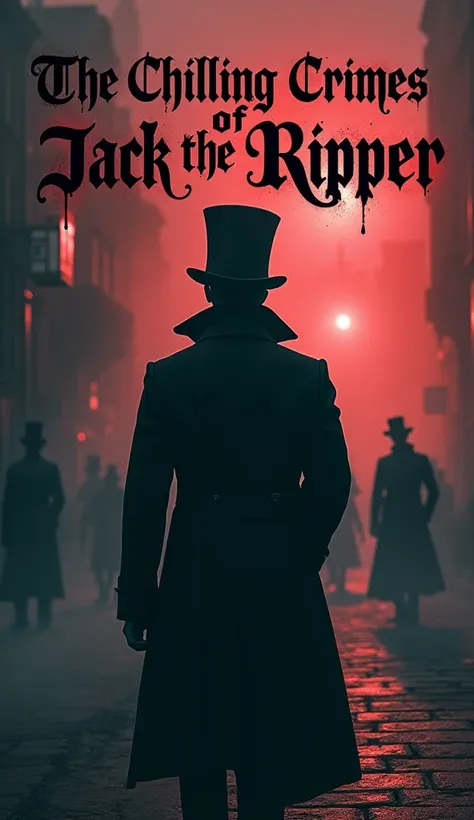 A haunting poster featuring the title The Chilling Crimes of Jack the Ripper in bold, gothic font. The background is dark and eerie, showcasing fog-filled, dimly lit London streets from the late 19th century. Shadowy figures loom in the distance, with a st...