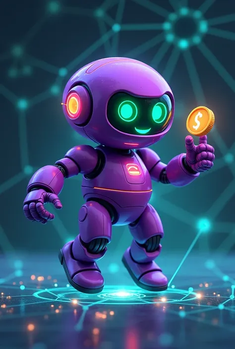 " network Imagine Robobo, a bright purple mini-robot green colors with smooth,  with cartoon shapes .  His eyes are large glowing lenses ,  and the mouth is an LED strip ,  who can display simple smiles .  Robobo seems to be “jumping” for joy ,  lines hold...