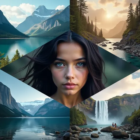  banner for the tourism channel  , , 4 photos in one image .  A girl with dark hair and the corner of her eye. against the backdrop of mountain landscapes  , seas of  ,  and a waterfall in ultra quality 