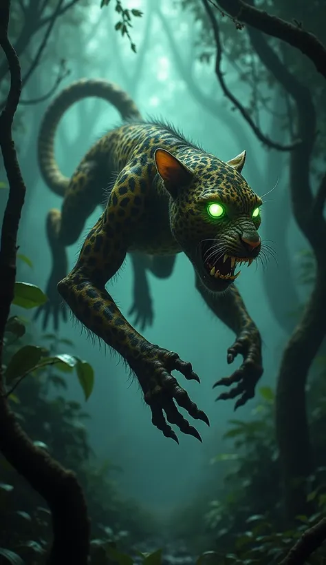 "A leopard-monkey hybrid with elongated limbs, sharp teeth, and glowing green eyes, leaping from tree to tree in a haunted jungle at night."