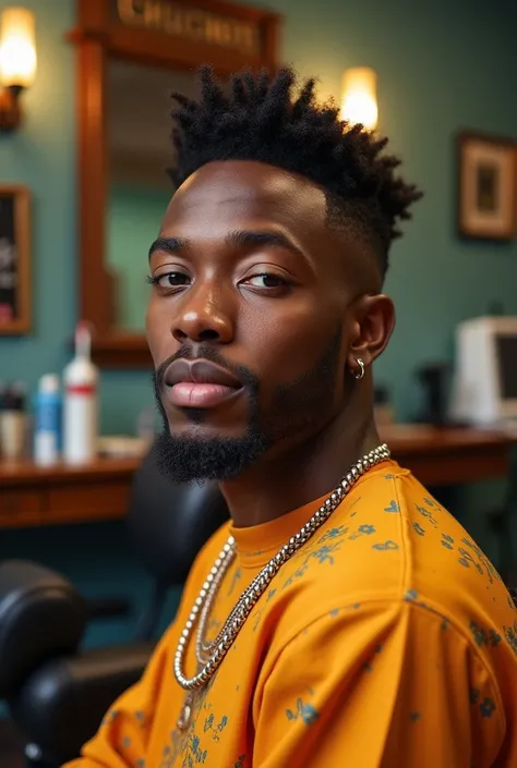 Black Man in barbershop with mew haircut style
