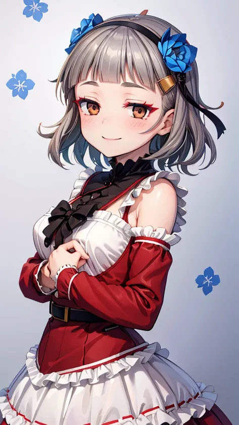 (((solo))), 1 woman, Sakuya Kurobane, sakuyaunif, kurobane_sakuya, (brown eyes), short hair, grey hair, black hairband, blue hair flower, red eyeliner, blush, smile, beautiful chest, medium chest, (upper body), santa claus