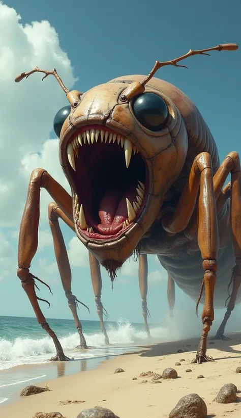 Create a image of a big ant
 man mouth looks like a horror I am very hilarious that is stand on the beach 