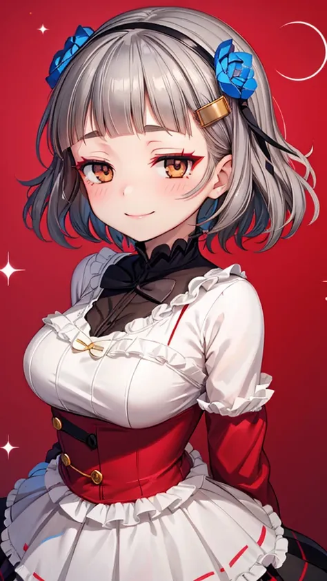 (((solo))), 1 woman, Sakuya Kurobane, sakuyaunif, kurobane_sakuya, (brown eyes), short hair, grey hair, black hairband, blue hair flower, red eyeliner, blush, smile, beautiful chest, medium chest, (upper body), santa claus