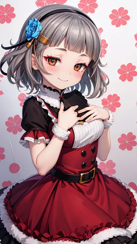 (((solo))), 1 woman, Sakuya Kurobane, sakuyaunif, kurobane_sakuya, (brown eyes), short hair, grey hair, black hairband, blue hair flower, red eyeliner, blush, smile, beautiful chest, medium chest, (upper body), santa claus