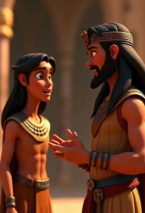 Close-up of Judah speaking passionately, one hand on his chest and the other gesturing outward. His face is filled with sincerity and determination. Joseph observes him intently, dressed in his Egyptian royal attire., 3d animation, disney pixar