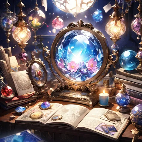 アンティーク風のsealを作りました、 The tools used by fortune tellers are drawn all over the screen、 Crystal Ball、 tarot cards、Candle、flower、hand mirror、Old Documents 、Picture books、books、gem、seal、 glitter、 perfect lighting、 sharp focus 、 High Definition 、 High Definition...