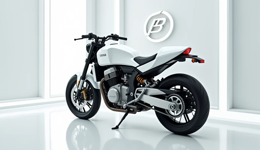 A full attractive hd photo of new 2025 Benda Napoleon bob 250 white color of exterior. A white shiny showroom background logo on the wall. A bike with back view of vehicle.